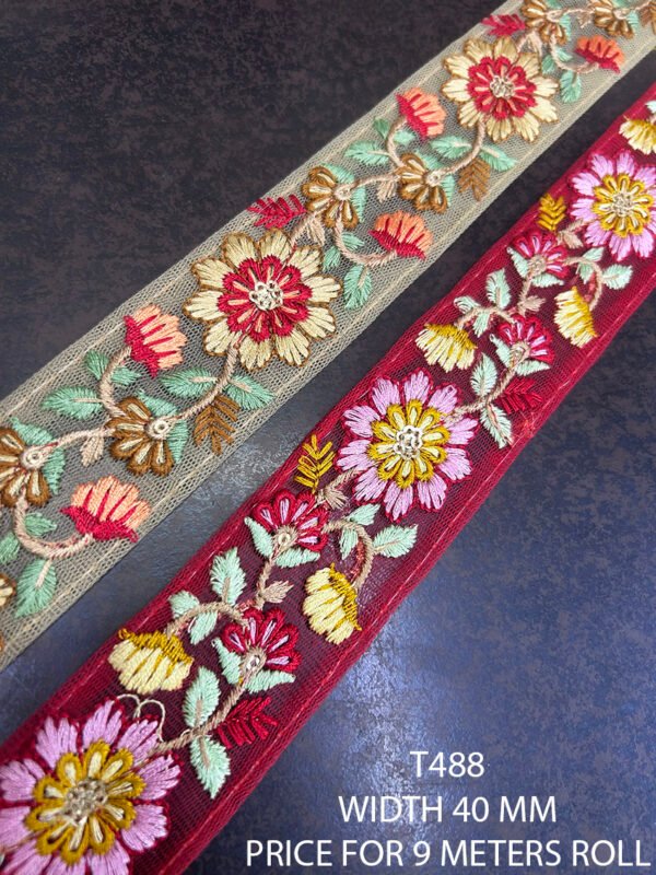 T488 multicolor embroidery tape in red and yellow – 9-meter roll lace trim