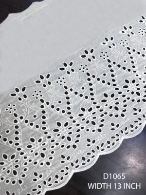 D1065 embroidered white dyeable cotton lace – 13 inch wide with 7 inch embroidery and 6 inch plain fabric