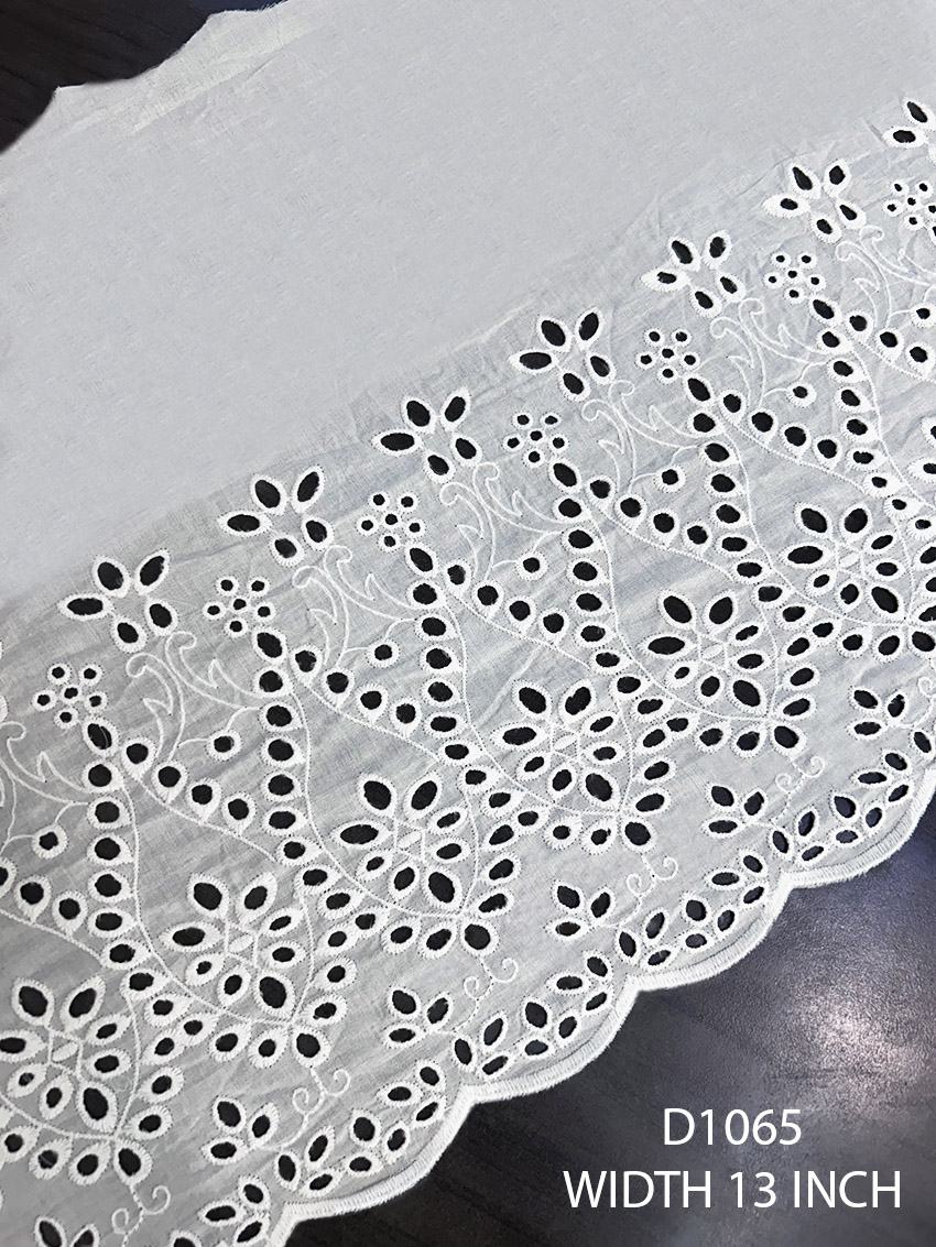 D1065 embroidered white dyeable cotton lace – 13 inch wide with 7 inch embroidery and 6 inch plain fabric