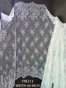 FRE213 White Chantilly Eyelash Lace Fabric with floral motifs and eyelash scalloped edges – 60 inch width