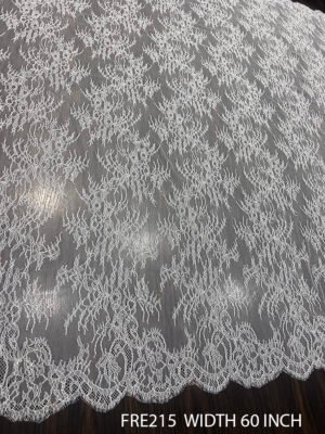 FRE215 white Chantilly lace bridal fabric with scalloped edges, 60-inch width, dyeable quality