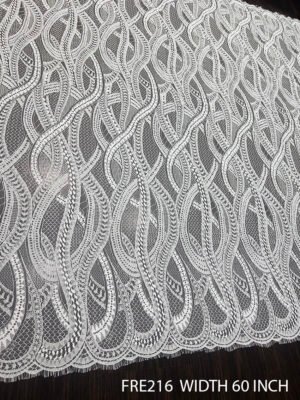 FRE216 white Chantilly lace bridal fabric with 60-inch width, scalloped edges, and dyeable quality