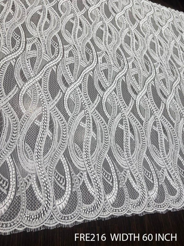 FRE216 white Chantilly lace bridal fabric with 60-inch width, scalloped edges, and dyeable quality
