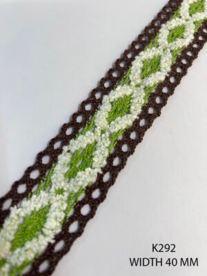 K292 cotton crochet lace 40mm – brown, pearl white, green