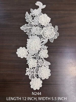 N244 white fine poly 3D applique lace neck patch – 9 inch by 5.5 inch