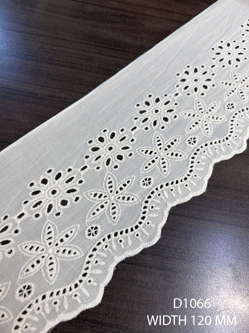 D1066 cotton offwhite dyeable embroidered lace with 90mm embroidery and 120mm total width