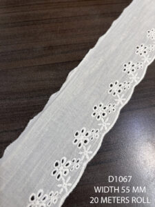 D1067 cotton white dyeable embroidered lace with 21mm embroidery and 55mm total width