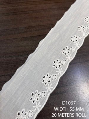 D1067 cotton white dyeable embroidered lace with 21mm embroidery and 55mm total width