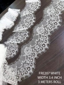FRE207 White Chantilly fine lace – 3.4 inch wide, dyeable, 3-meter roll