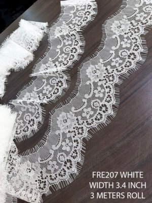 FRE207 White Chantilly fine lace – 3.4 inch wide, dyeable, 3-meter roll