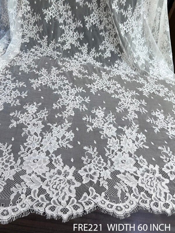 FRE221 White Chantilly Lace Fabric, 60-inch width, dyeable quality, 3-meter roll for bridal and embroidery use