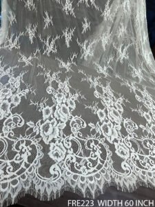 FRE223 White Chantilly Lace Fabric, 60-inch width, dyeable quality, both-side scallop edges, 3-meter roll