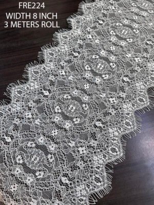 FRE224 White Chantilly Lace Fabric, 8-inch wide, dyeable quality, priced for 3-meter roll