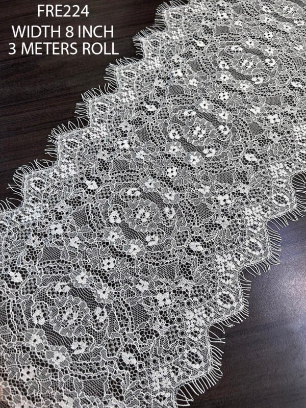 FRE224 White Chantilly Lace Fabric, 8-inch wide, dyeable quality, priced for 3-meter roll