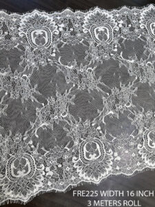 FRE225 White Chantilly Lace Fabric, 16-inch width, dyeable quality, 3-meter roll for trims and bridal accents