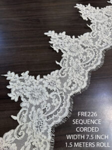 FRE226 Chantilly lace fabric with cording and sequence, 1.5 meter dyeable roll