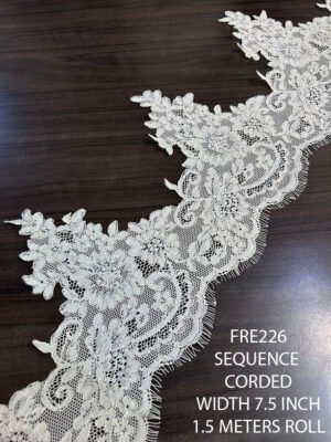 FRE226 Chantilly lace fabric with cording and sequence, 1.5 meter dyeable roll