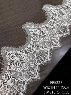 FRE227 White Chantilly classy lace fabric roll – 11 inch wide, dyeable, 3 meters
