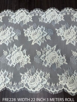 FRE228 Griege Chantilly Lace fabric roll, 22-inch width, dyeable, with both-side scallop edges.