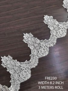 FRE230 white Chantilly lace trim, 8.2 inch wide, dyeable, 3 meter roll