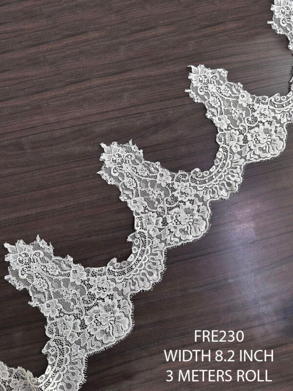 FRE230 white Chantilly lace trim, 8.2 inch wide, dyeable, 3 meter roll