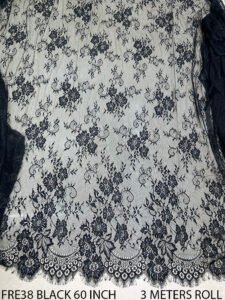 FRE38 Black Chantilly lace fabric – 60 inch wide, soft, scalloped edges, 3-meter roll