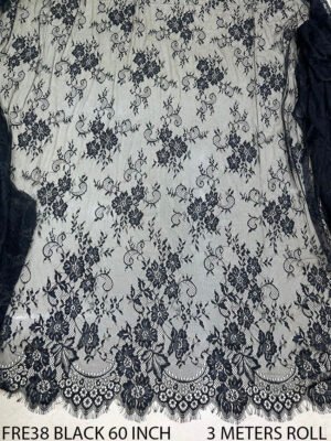 FRE38 Black Chantilly lace fabric – 60 inch wide, soft, scalloped edges, 3-meter roll