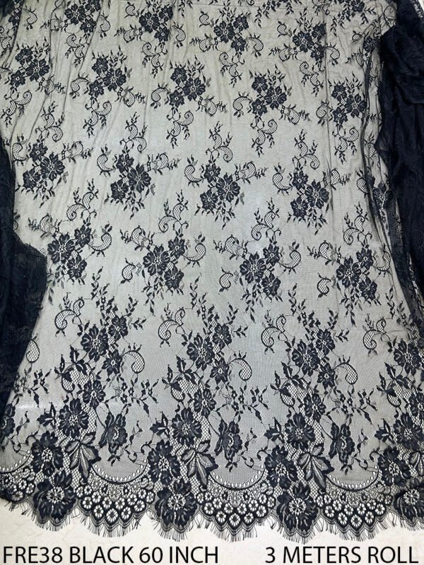 FRE38 Black Chantilly lace fabric – 60 inch wide, soft, scalloped edges, 3-meter roll