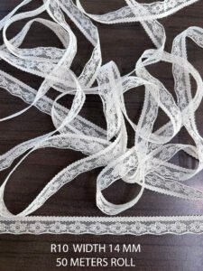 R10 Raschel white nylon lace fabric roll, 14mm width, 50 meters, dyeable textile