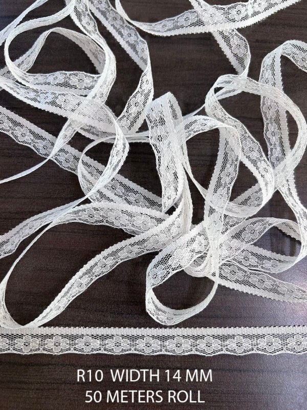 R10 Raschel white nylon lace fabric roll, 14mm width, 50 meters, dyeable textile