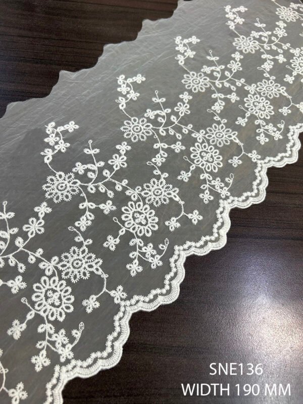 White poly net organza lace fabric SNE136, fine 190mm width, sold per meter