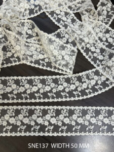 SNE137 white net embroidered cotton lace trim, 50mm width, sold per meter