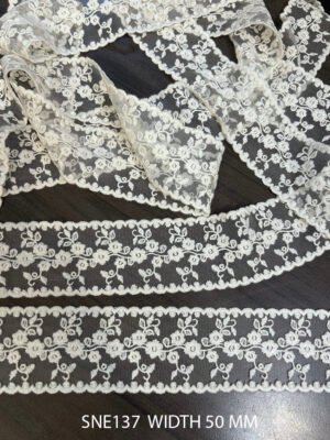 SNE137 white net embroidered cotton lace trim, 50mm width, sold per meter