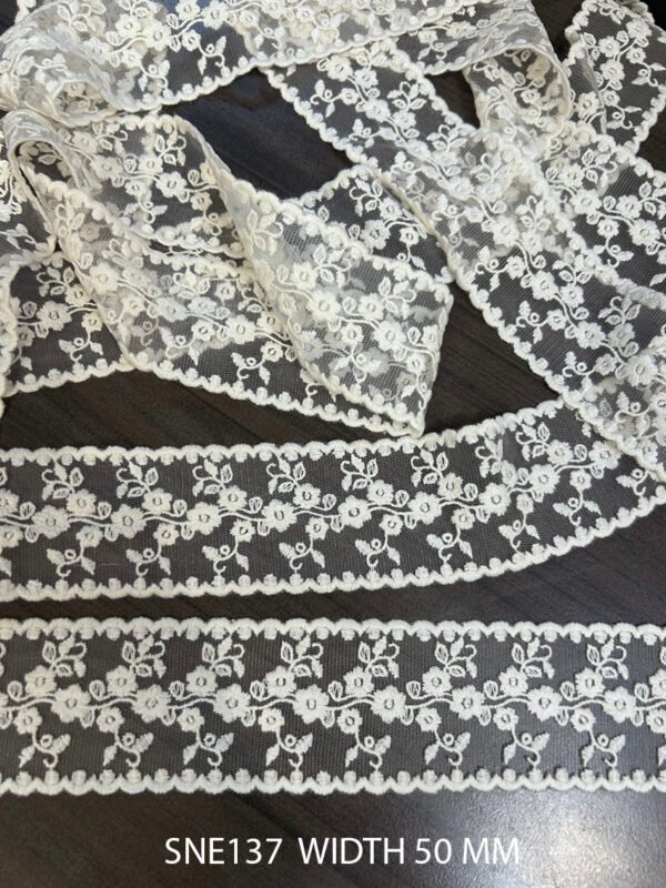 SNE137 white net embroidered cotton lace trim, 50mm width, sold per meter