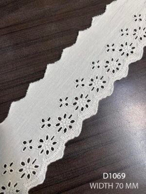 D1069 Pearl White Cambric Embroidered Lace 70mm Dyeable Fabric Trim