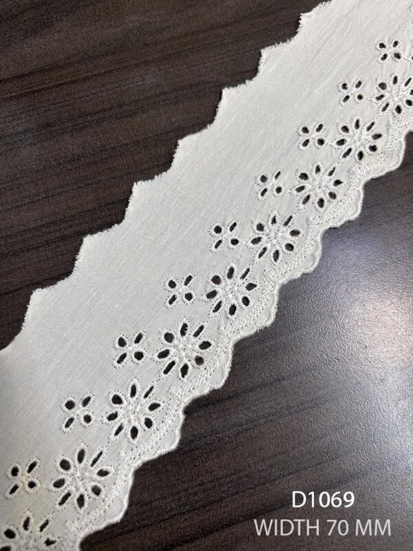 D1069 Pearl White Cambric Embroidered Lace 70mm Dyeable Fabric Trim