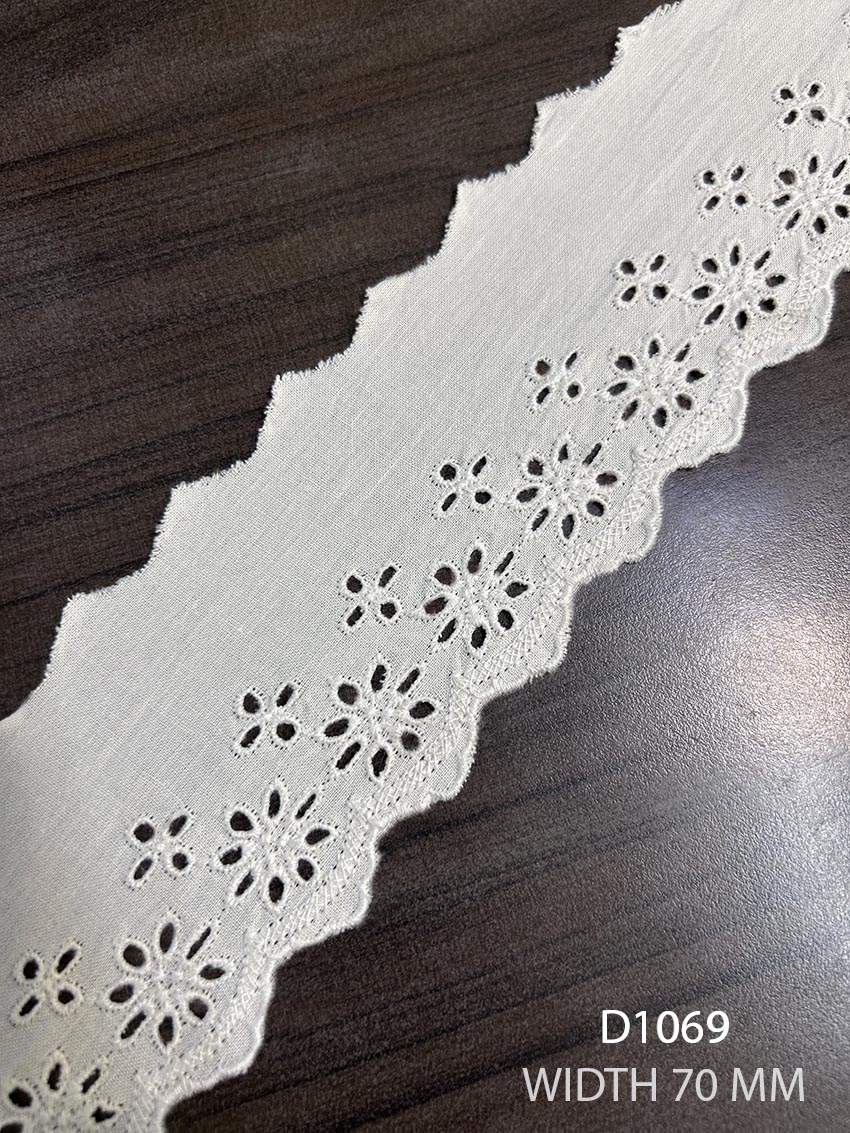 D1069 Pearl White Cambric Embroidered Lace 70mm Dyeable Fabric Trim