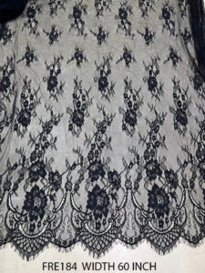 Black chantilly lace fabric with elegant floral motifs, 60 inch width, 3 meter pack