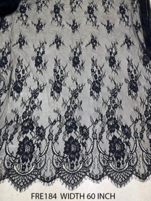 Black chantilly lace fabric with elegant floral motifs, 60 inch width, 3 meter pack