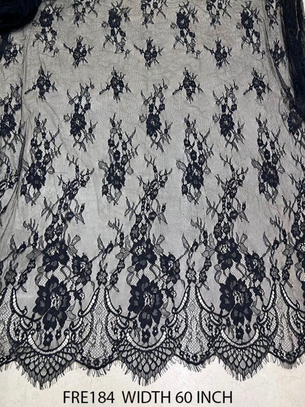 Black chantilly lace fabric with elegant floral motifs, 60 inch width, 3 meter pack