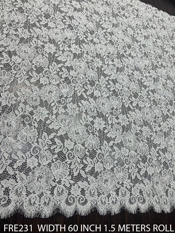 FRE231 Chantilly white corded eyelash lace fabric, 60-inch wide, dyeable, sold per 1.5 meters