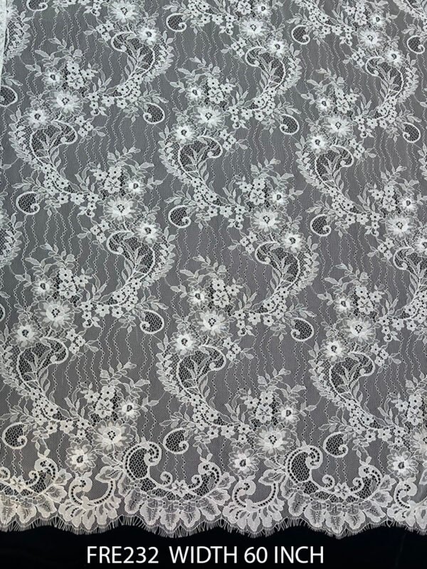 FRE232 White Chantilly Eyelash Lace Fabric, 60 inch width, scallop edges, dyeable, 3 meter price