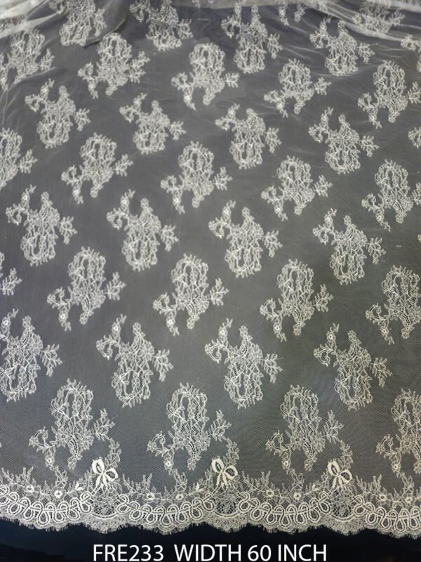 FRE233 White Chantilly Eyelash Lace Fabric, 60 inch width, scallop edges, dyeable, 3 meter price