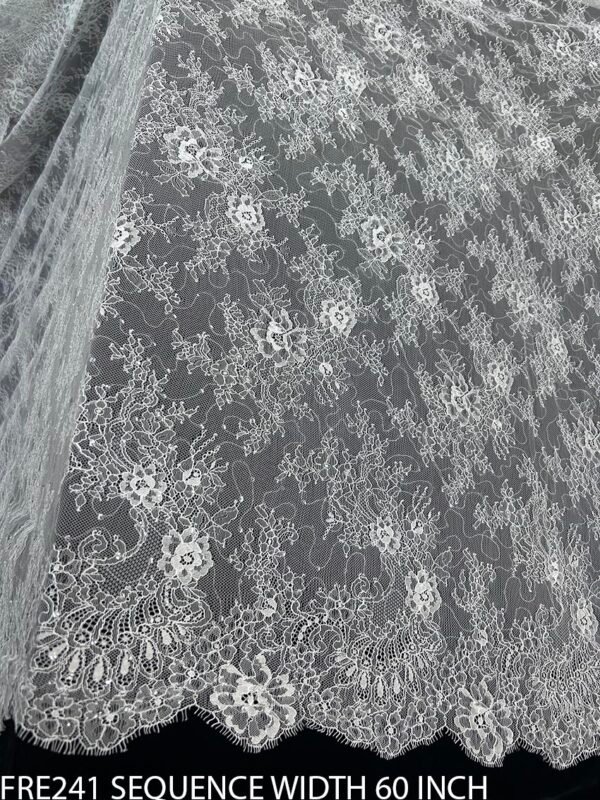 FRE241SEQ Chantilly Eyelash Lace Fabric with Sequence – White Dyeable, Both Side Scalloped, 3 Meters Roll