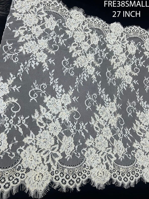 FRE38SMALL Chantilly Eyelash White Lace Fabric, 27 inch width, 3 meter roll, with pearl color cording and eyelash edges