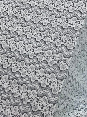 Close-up of RFL138 Raschel nylon lycra lace fabric, 60-inch width, dyeable white, sold per meter