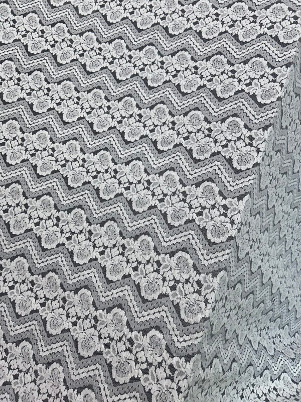 Close-up of RFL138 Raschel nylon lycra lace fabric, 60-inch width, dyeable white, sold per meter