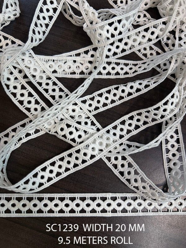 SC1239 White Polyester GPO Chemical Lace trim, 20mm wide, 9.5-meter roll
