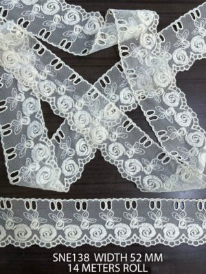 SNE138 cotton net embroidered lace with ribbon pass hole, dyeable, 52mm width, 14-meter roll