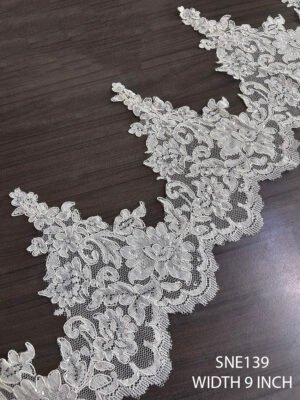White net embroidery lace with cording and sequence, 9 inch width, sold per meter